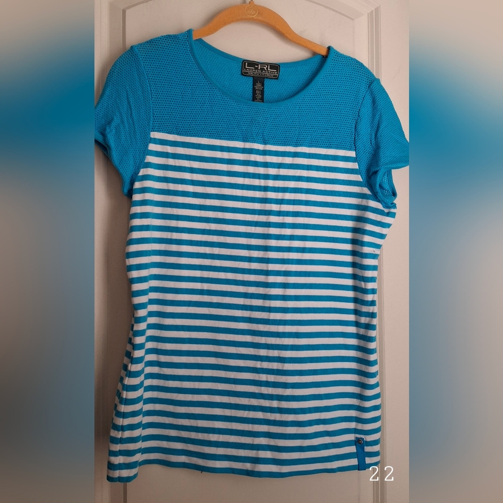L-RL Lauren Active Ralph Lauren Aqua Blue & White Striped Mesh Women Size L 80's